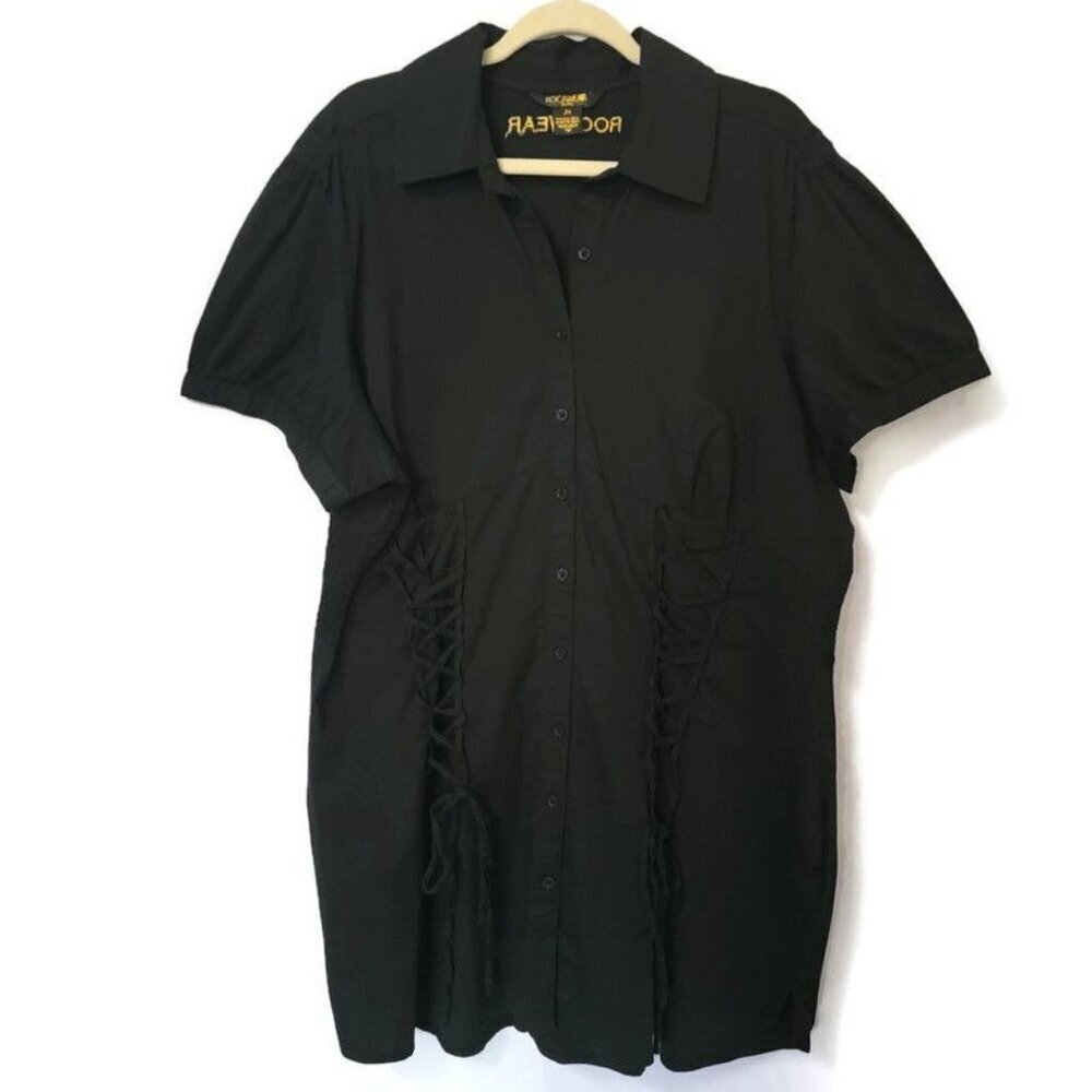 ROCAWEAR Black Gold Y2K 90s Lace Up Smocked Button Up Short Sleeve Dress 3X